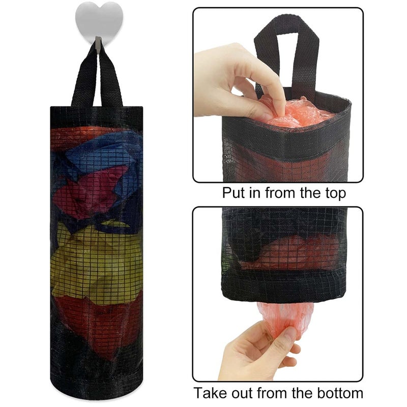 TTSAM 2 Pcs Plastic Bag Holder Trash Bags Storage Dispenser Organizer for Home Kitchen Mesh Hanging Storage Dispensers Recycling Garbage Folding Hanging Storage Bag Grocery Bags Holder with 2 Hooks (Black) - Image 5